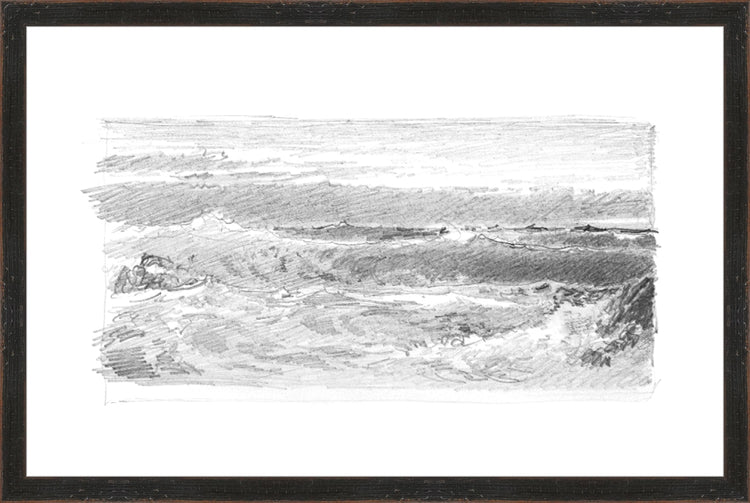 Framed Seascape 5. Frame: Distressed Black. Paper: Rag Paper. Art Size: 13x20. Final Size: 14'' X 21''