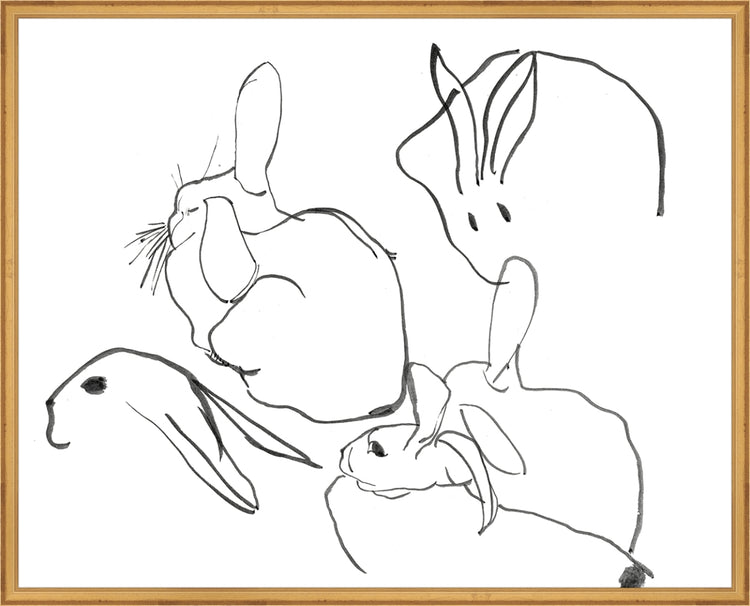 Framed Rabbits. Frame: Traditional Gold. Paper: Rag Paper. Art Size: 24x30. Final Size: 25'' X 31''