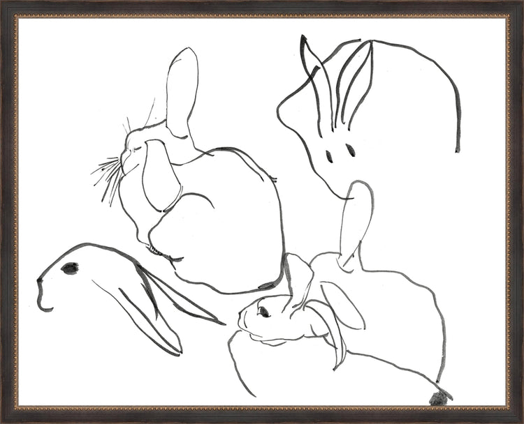 Framed Rabbits. Frame: Traditional Black and Gold Beaded. Paper: Rag Paper. Art Size: 16x20. Final Size: 17'' X 21''