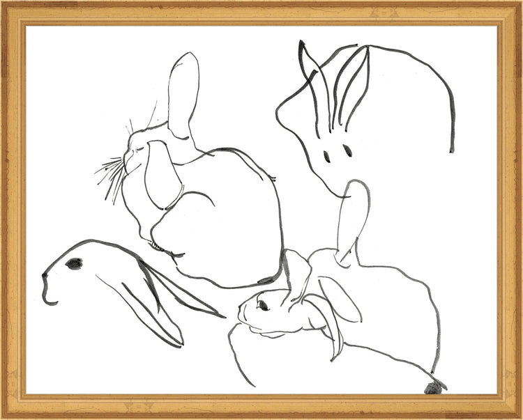 Framed Rabbits. Frame: Traditional Gold. Paper: Rag Paper. Art Size: 11x14. Final Size: 12'' X 15''