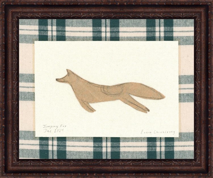 Framed Jumping Fox. Frame: Florence Walnut. Paper: Rag Paper. Art Size: 12x15. Final Size: 14'' X 17''