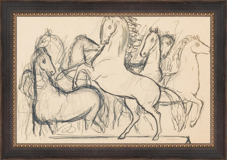 Framed Charcoal Horses II. Frame: Traditional Black and Gold. Paper: Rag Paper. Art Size: 30x40. Final Size: 7'' X 10''