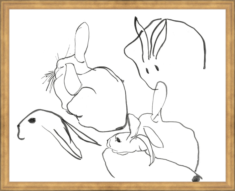 Framed Rabbits. Frame: Timeless Gold. Paper: Rag Paper. Art Size: 16x20. Final Size: 17'' X 21''