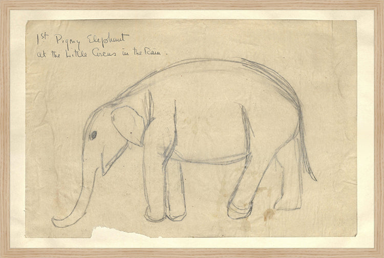 Framed Elephant. Frame: Natural Oak. Paper: Rag Paper. Art Size: 19x29. Final Size: 20'' X 30''