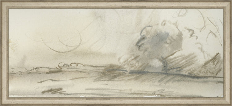 Framed Watercolor Landscape Study I. Frame: Traditional Silver. Paper: Rag Paper. Art Size: 8x19. Final Size: 9'' X 20''