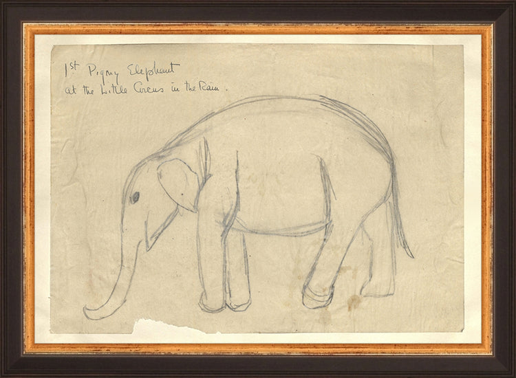 Framed Elephant. Frame: Traditional Black and Gold. Paper: Rag Paper. Art Size: 7x10. Final Size: 8'' X 11''