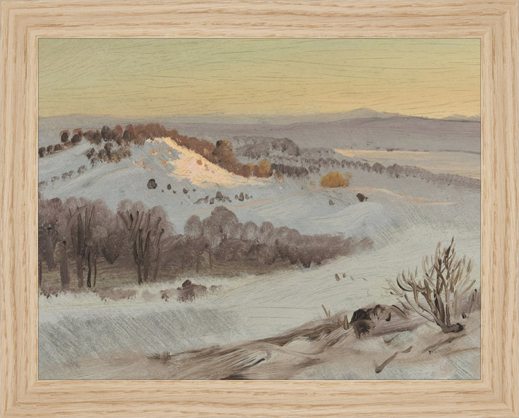 Framed Mountain View. Frame: Natural Oak. Paper: Rag Paper. Art Size: 7x9. Final Size: 8'' X 10''