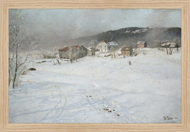 Framed Village. Frame: Natural Oak. Paper: Rag Paper. Art Size: 10x15. Final Size: 11'' X 16''