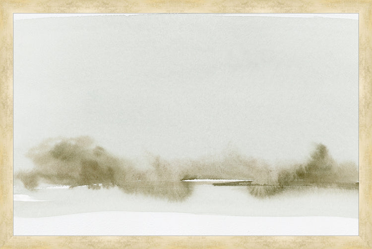 Framed MUTED LANDSCAPE. Frame: Brushed Gold. Paper: Watercolor Paper. Art Size: 13x20. Final Size: 14'' X 21''