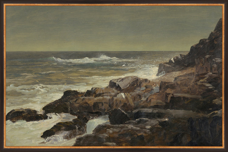 Framed Seashore. Frame: Traditional Black and Gold. Paper: Rag Paper. Art Size: 19x29. Final Size: 20'' X 30''