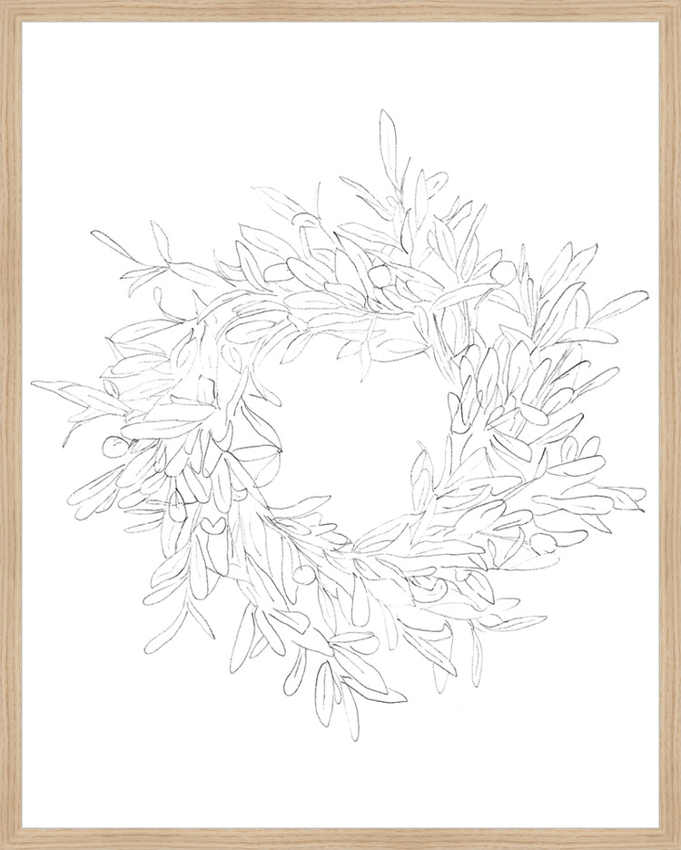 Framed OLIVE WREATH. Frame: Natural Oak. Paper: Rag Paper. Art Size: 29x23. Final Size: 30'' X 24''
