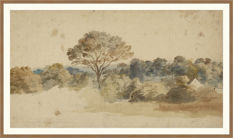 Framed Baroque Landscape. Frame: Brown Distressed. Paper: Watercolor Paper. Art Size: 25x45. Final Size: 29'' X 49''