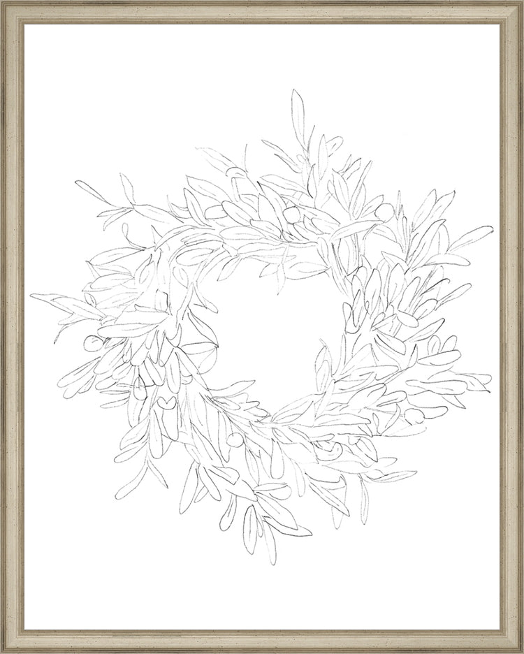 Framed OLIVE WREATH. Frame: Traditional Silver. Paper: Rag Paper. Art Size: 19x15. Final Size: 20'' X 16''