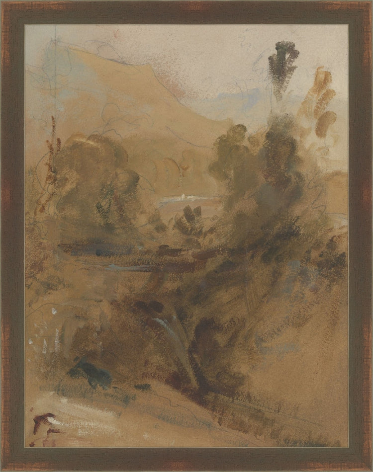 Framed Abstract Landscape II. Frame: Worn Brown. Paper: Rag Paper. Art Size: 13x10. Final Size: 14'' X 11''