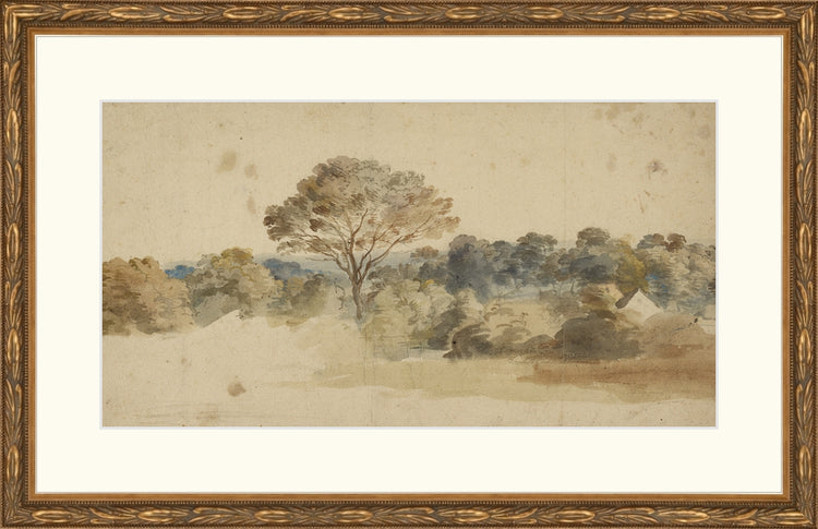 Framed Baroque Landscape. Frame: Embellished Antique Gold. Paper: Rag Paper. Art Size: 7x13. Final Size: 11'' X 17''