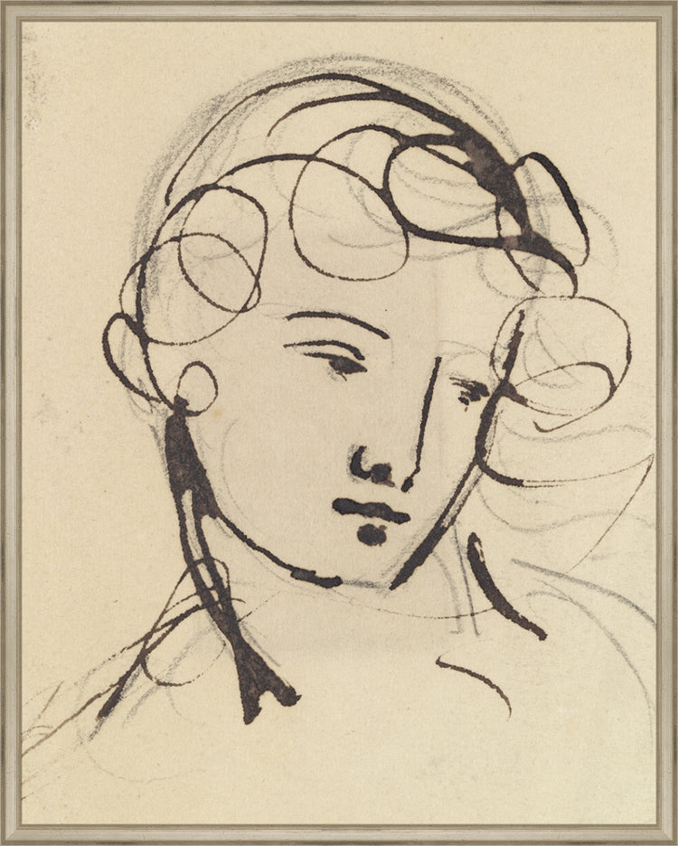 Framed Sketch of a Lady. Frame: Traditional Silver. Paper: Rag Paper. Art Size: 29x23. Final Size: 30'' X 24''