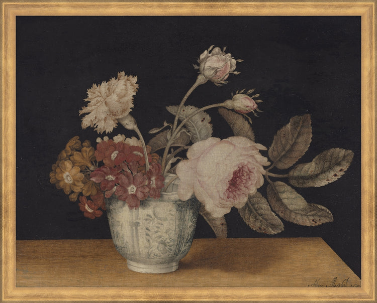 Framed Vintage Vase of Flowers. Frame: Traditional Gold. Paper: Rag Paper. Art Size: 15x19. Final Size: 16'' X 20''