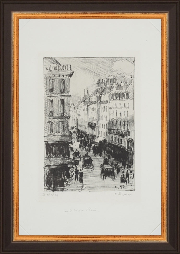 Framed Paris Streets. Frame: Traditional Black and Gold. Paper: Rag Paper. Art Size: 9x6. Final Size: 10'' X 7''