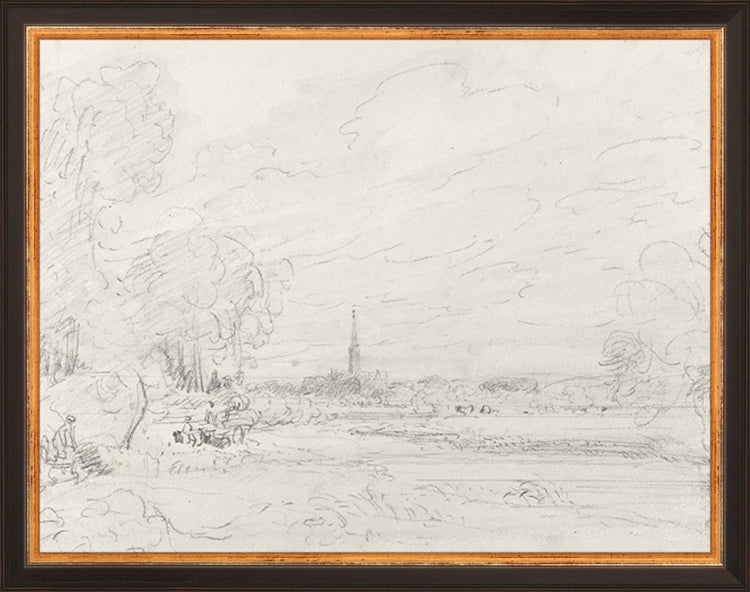 Framed Promenade Drawing III. Frame: Traditional Black and Gold. Paper: Rag Paper. Art Size: 10x13. Final Size: 11'' X 14''