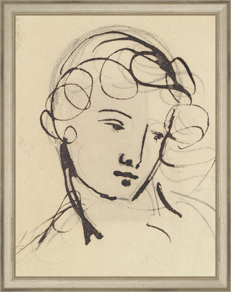 Framed Sketch of a Lady. Frame: Traditional Silver. Paper: Rag Paper. Art Size: 13x10. Final Size: 14'' X 11''