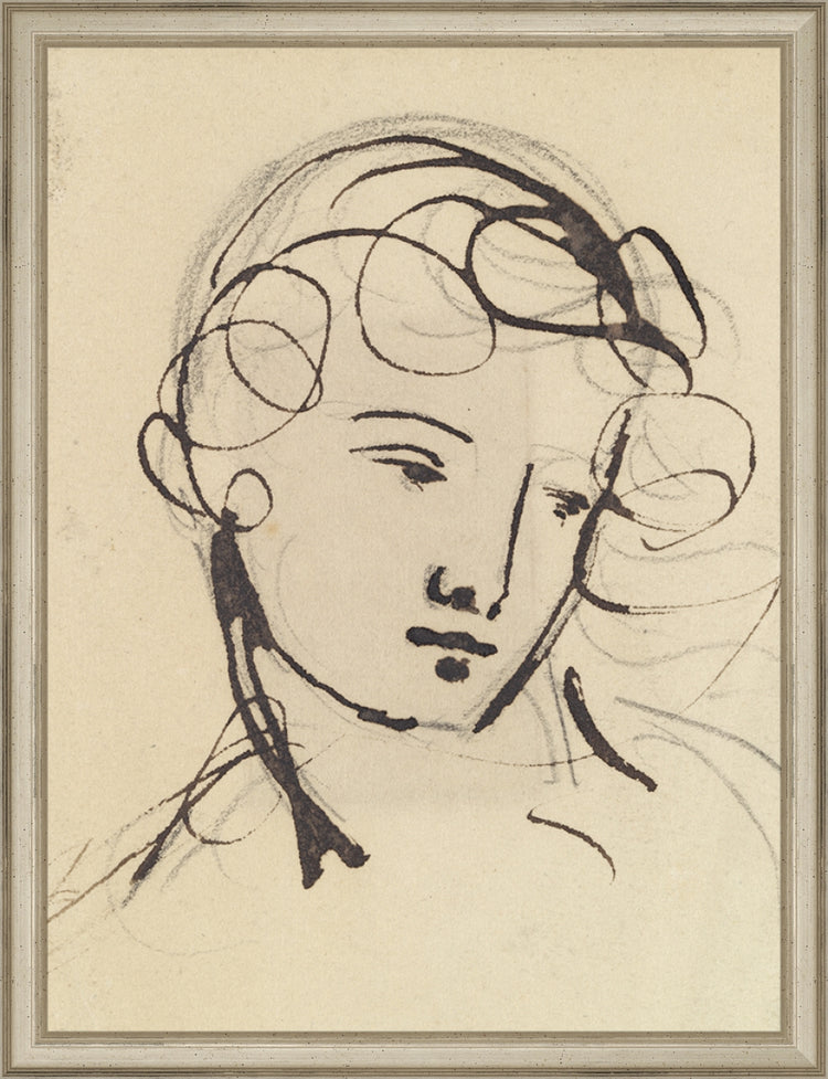 Framed Sketch of a Lady. Frame: Traditional Silver. Paper: Rag Paper. Art Size: 16x12. Final Size: 17'' X 13''