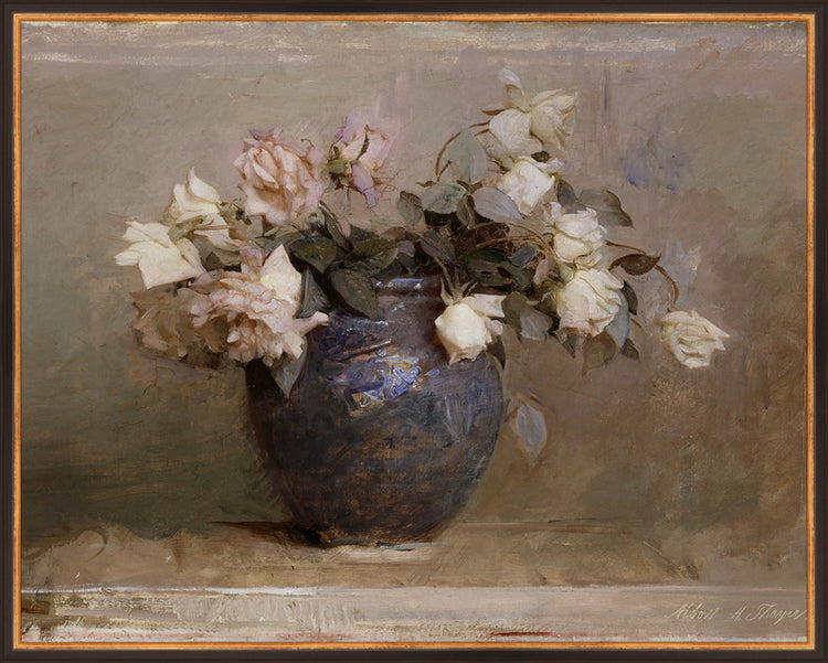 Framed Vase of Roses. Frame: Traditional Black and Gold. Paper: Rag Paper. Art Size: 23x29. Final Size: 24'' X 30''