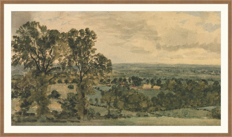 Framed Fairy Tale Countryside. Frame: Brown Distressed. Paper: Watercolor Paper. Art Size: 22x40. Final Size: 26'' X 44''