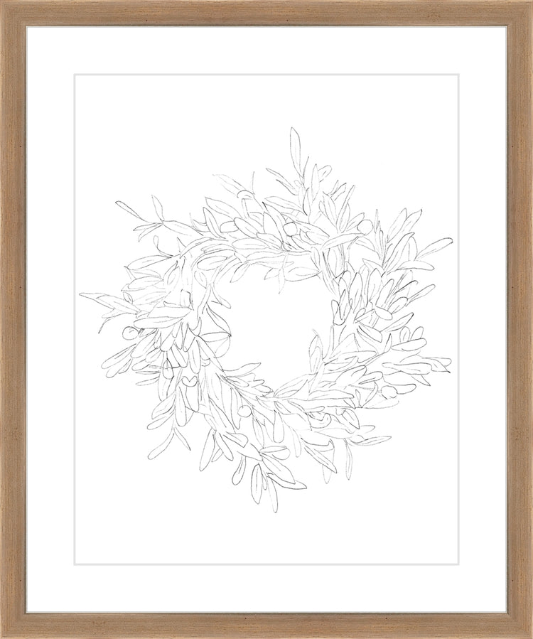Framed OLIVE WREATH. Frame: Coffee. Paper: Rag Paper. Art Size: 14x11. Final Size: 18'' X 15''