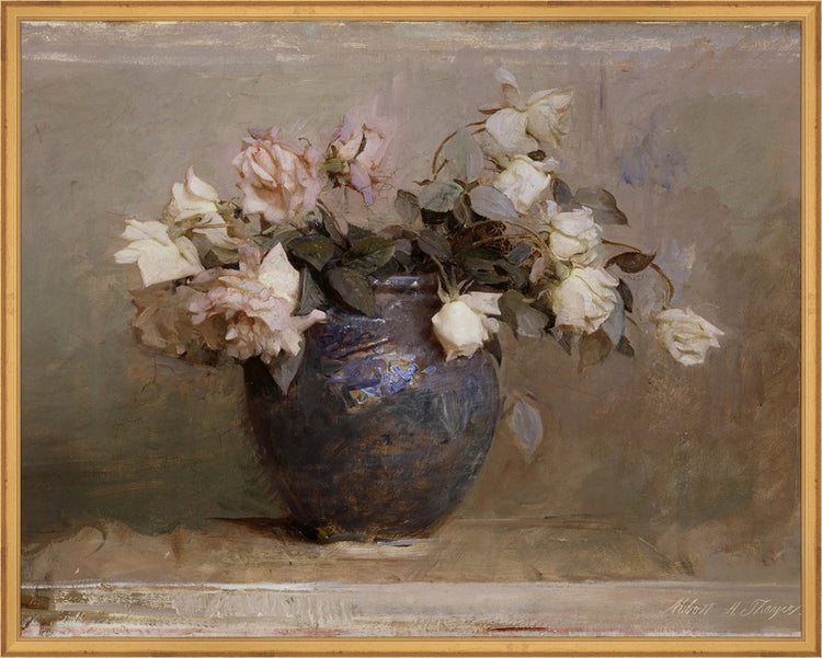 Framed Vase of Roses. Frame: Traditional Gold. Paper: Rag Paper. Art Size: 23x29. Final Size: 24'' X 30''