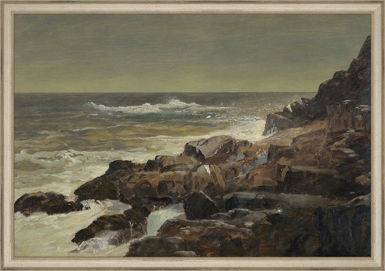 Framed Seashore. Frame: Traditional Silver. Paper: Rag Paper. Art Size: 13x19. Final Size: 14'' X 20''