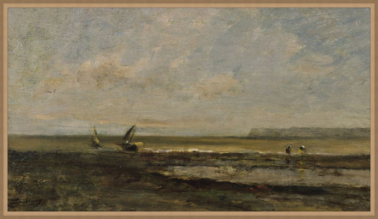 Framed Boats on the Beach. Frame: Bevel Sand. Paper: Rag Paper. Art Size: 17x30. Final Size: 18'' X 31''