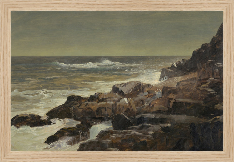 Framed Seashore. Frame: Natural Oak. Paper: Rag Paper. Art Size: 10x15. Final Size: 11'' X 16''