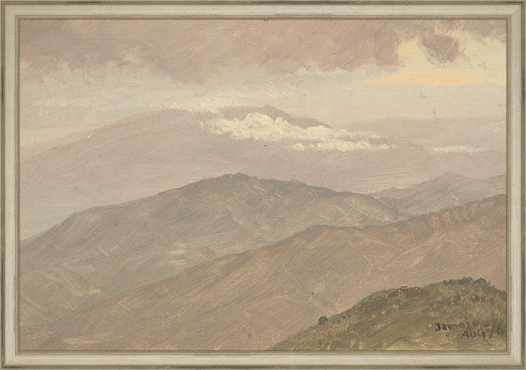 Framed Vintage Mountainscape. Frame: Traditional Silver. Paper: Rag Paper. Art Size: 13x19. Final Size: 14'' X 20''