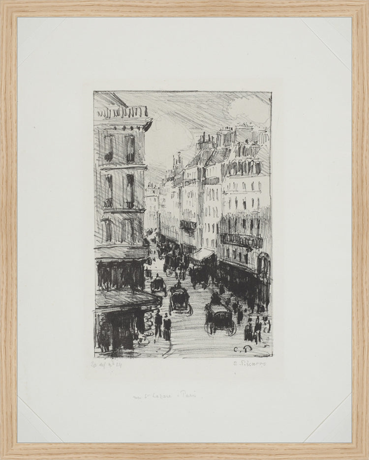 Framed Paris Streets. Frame: Natural Oak. Paper: Rag Paper. Art Size: 19x15. Final Size: 20'' X 16''