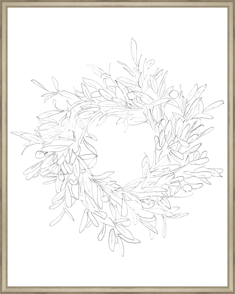 Framed OLIVE WREATH. Frame: Traditional Silver. Paper: Rag Paper. Art Size: 29x23. Final Size: 30'' X 24''