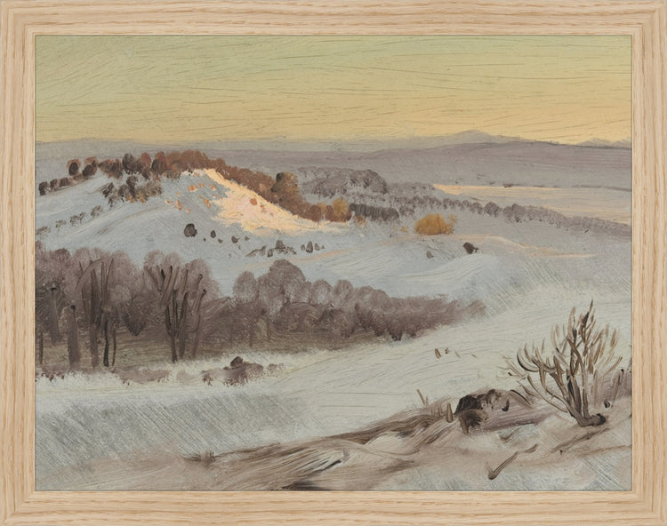 Framed Mountain View. Frame: Natural Oak. Paper: Rag Paper. Art Size: 10x13. Final Size: 11'' X 14''