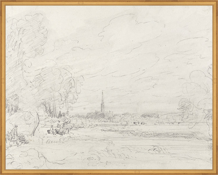 Framed Promenade Drawing III. Frame: Traditional Gold. Paper: Rag Paper. Art Size: 23x29. Final Size: 24'' X 30''