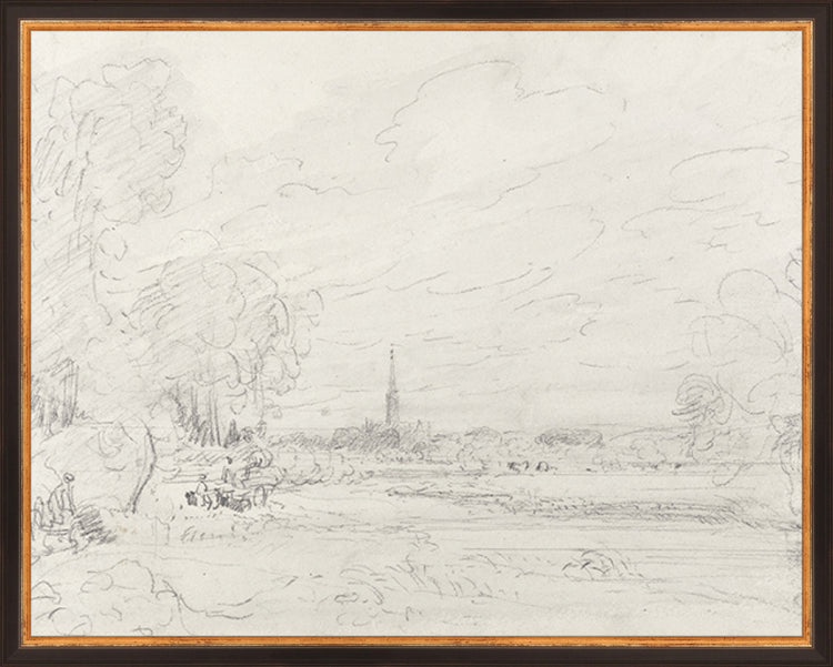 Framed Promenade Drawing III. Frame: Traditional Black and Gold. Paper: Rag Paper. Art Size: 15x19. Final Size: 16'' X 20''