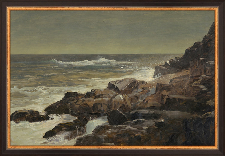 Framed Seashore. Frame: Traditional Black and Gold. Paper: Rag Paper. Art Size: 10x15. Final Size: 11'' X 16''