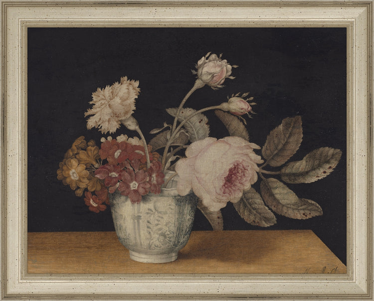 Framed Vintage Vase of Flowers. Frame: Traditional Silver. Paper: Rag Paper. Art Size: 7x9. Final Size: 8'' X 10''