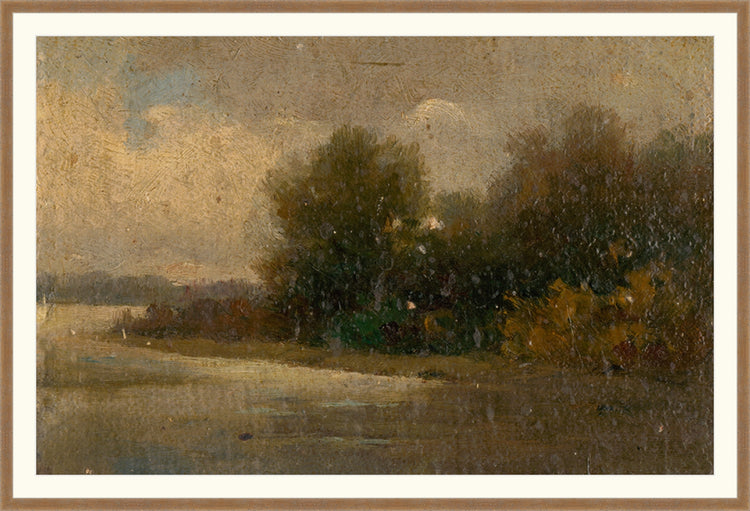 Framed Autumnal Landscape. Frame: Brown Distressed. Paper: Rag Paper. Art Size: 26x40. Final Size: 30'' X 44''