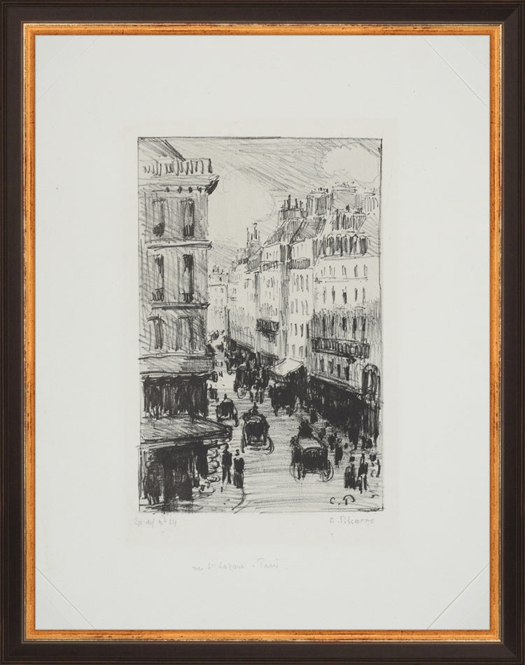 Framed Paris Streets. Frame: Traditional Black and Gold. Paper: Rag Paper. Art Size: 13x10. Final Size: 14'' X 11''