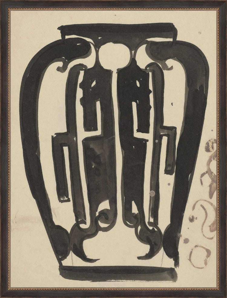 Framed Vintage Ink Vase II. Frame: Traditional Black and Gold Beaded. Paper: Rag Paper. Art Size: 20x15. Final Size: 21'' X 16''