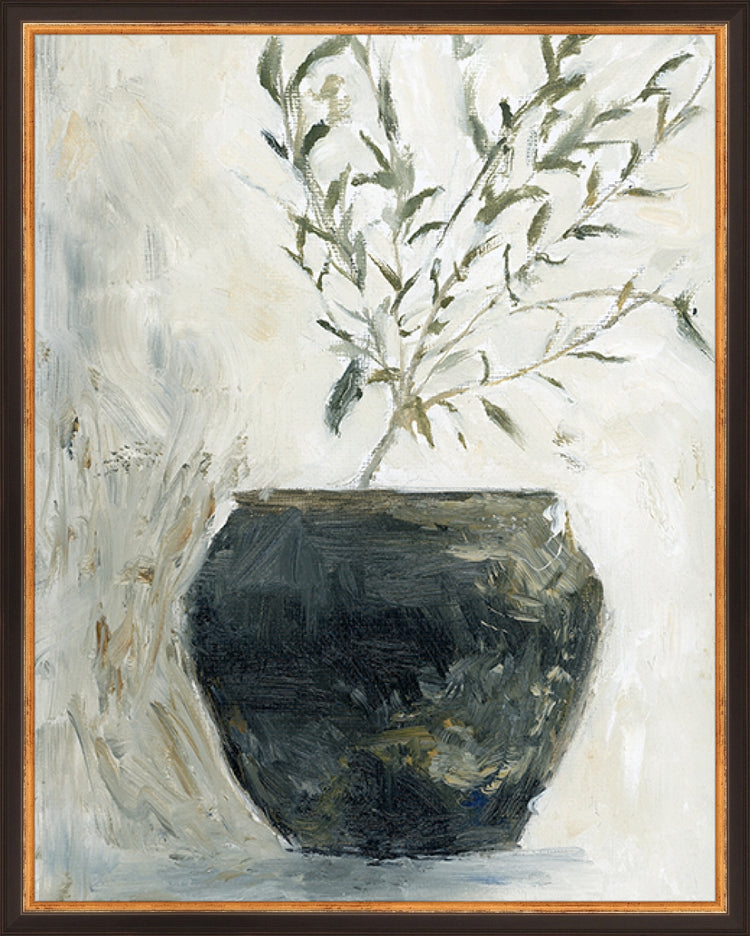 Framed Still Life Olive Tree. Frame: Traditional Black and Gold. Paper: Rag Paper. Art Size: 19x15. Final Size: 20'' X 16''
