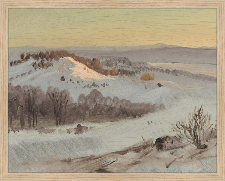 Framed Mountain View. Frame: Natural Oak. Paper: Rag Paper. Art Size: 15x19. Final Size: 16'' X 20''