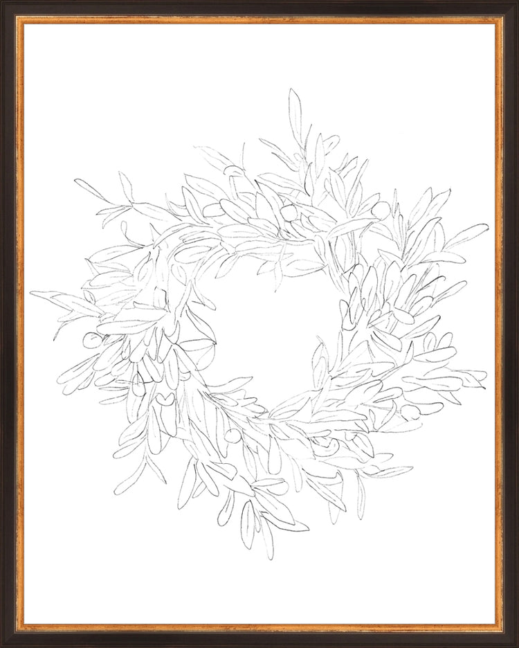 Framed OLIVE WREATH. Frame: Traditional Black and Gold. Paper: Rag Paper. Art Size: 19x15. Final Size: 20'' X 16''