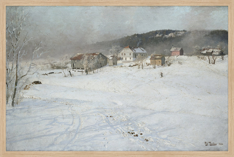 Framed Village. Frame: Natural Oak. Paper: Rag Paper. Art Size: 19x29. Final Size: 20'' X 30''