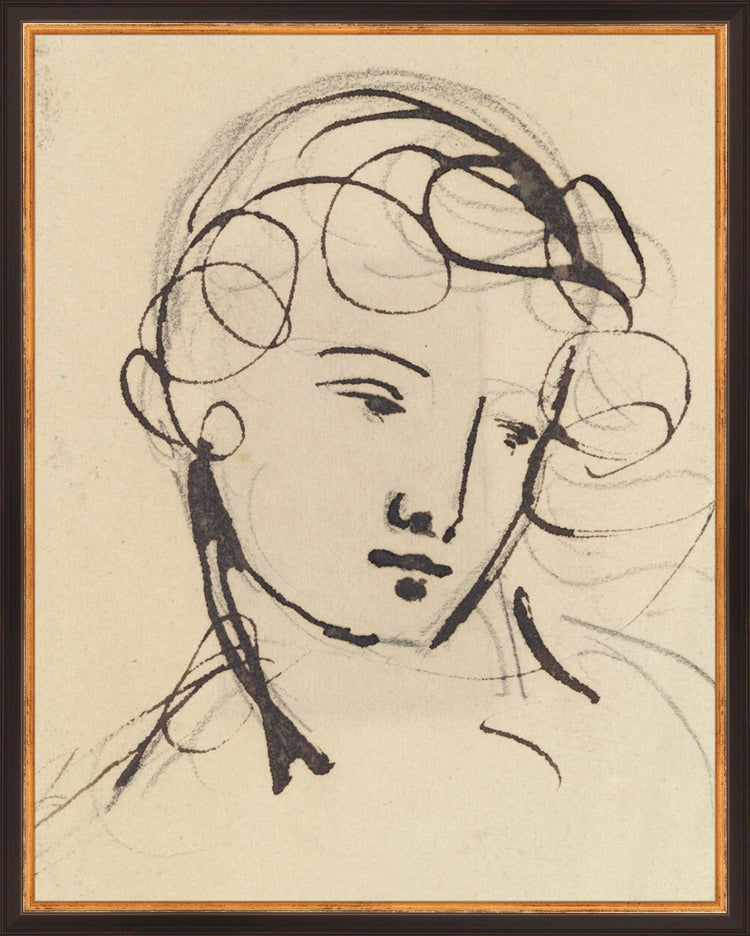 Framed Sketch of a Lady. Frame: Traditional Black and Gold. Paper: Rag Paper. Art Size: 19x15. Final Size: 20'' X 16''