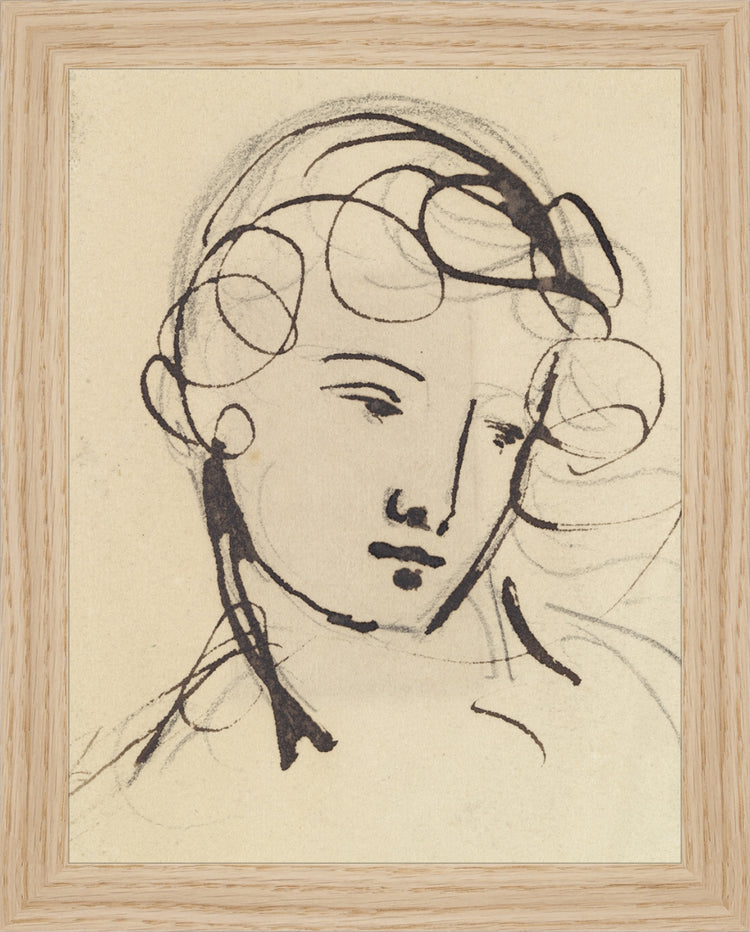 Framed Sketch of a Lady. Frame: Natural Oak. Paper: Rag Paper. Art Size: 9x7. Final Size: 10'' X 8''