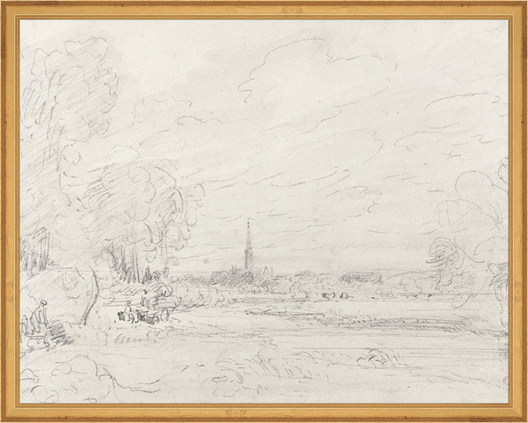 Framed Promenade Drawing III. Frame: Traditional Gold. Paper: Rag Paper. Art Size: 15x19. Final Size: 16'' X 20''